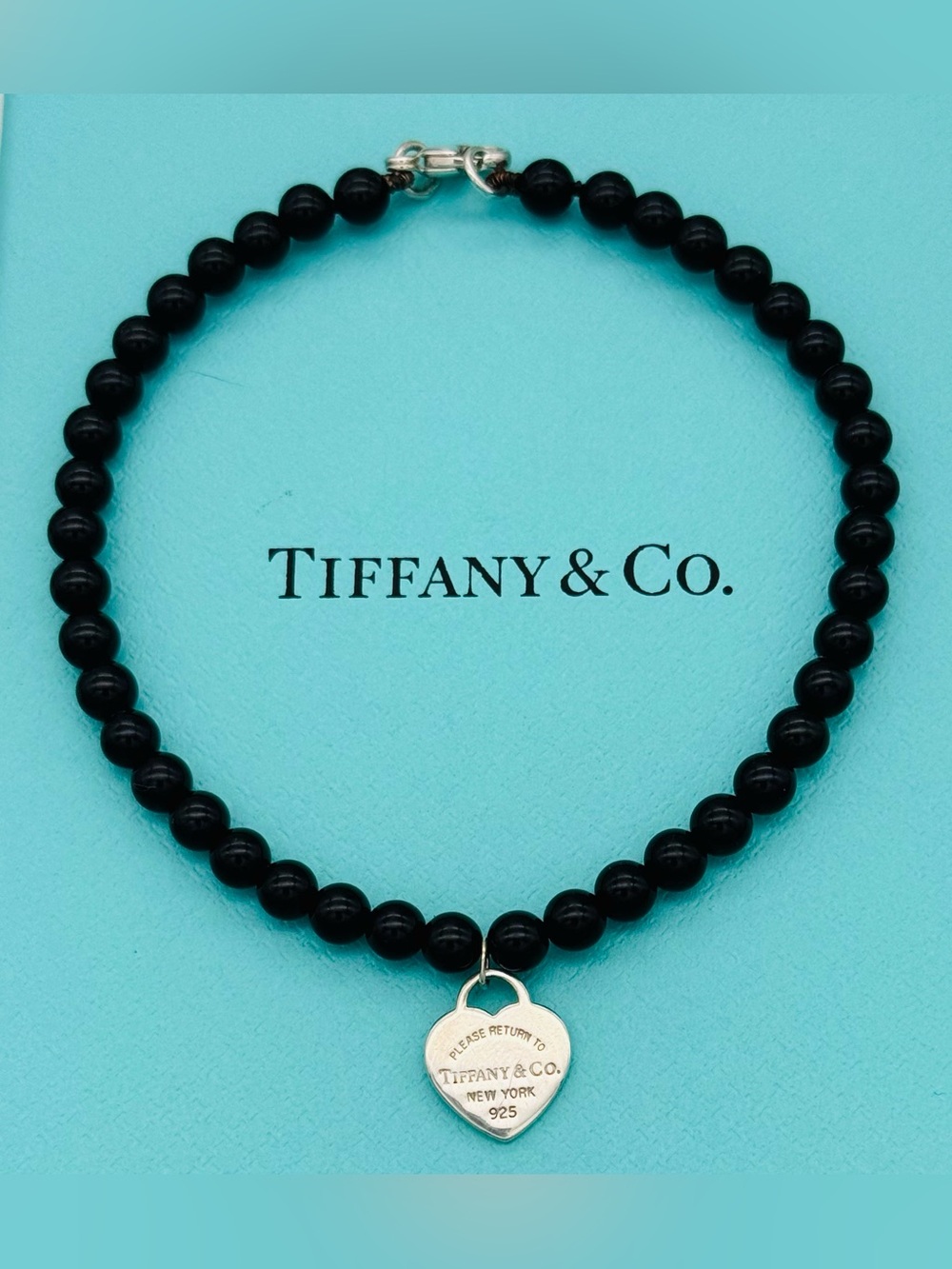 Tiffany & Co 4mm Black Onyx Bead Bracelet 7.25-7.5” VGUC retired